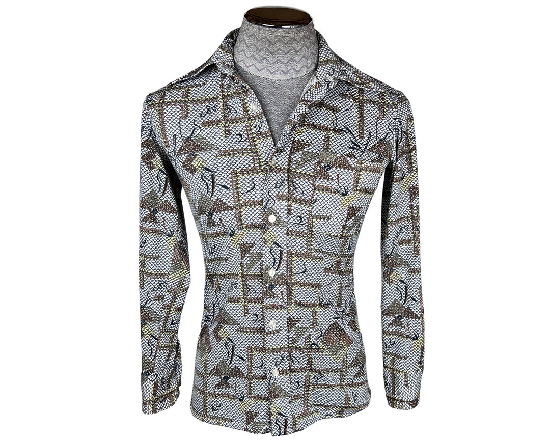 VTG 1970s 1/2 BUTTON DISCO SHIRT POLYESTER BIG COLLARS DISCO MOD 36” S