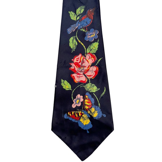 Vintage 1940s Hand Painted Tie Bird & Rose Neckti… - image 2