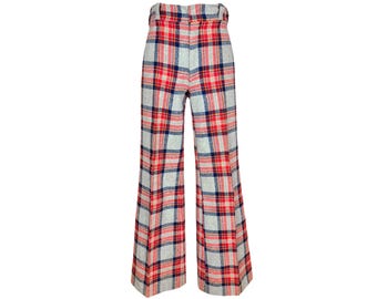May include: Wide-leg pants in a red, blue, and white plaid pattern. The pants have a high waist and a flared leg.