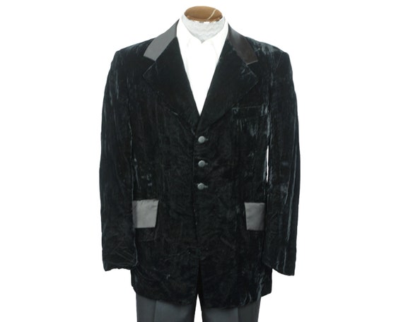 Vintage 1970s Black Crushed Velvet Tuxedo Jacket M