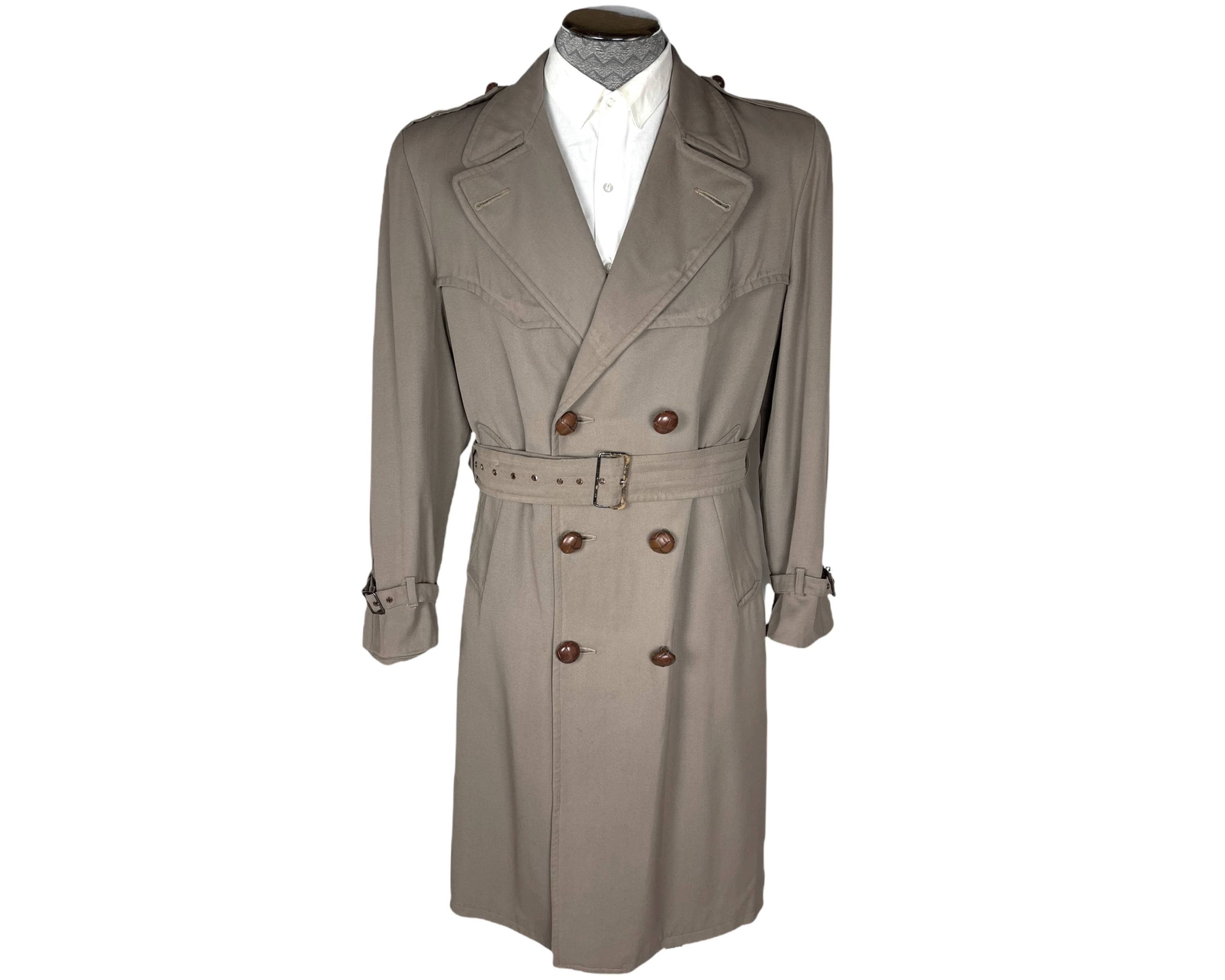 Vintage Mens 1940s Gabardine Trench Coat Crown Montreal Size M - Main Image