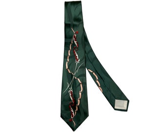 Vintage 1940s Tie Green Satin Abstract Feather & Ribbon Design