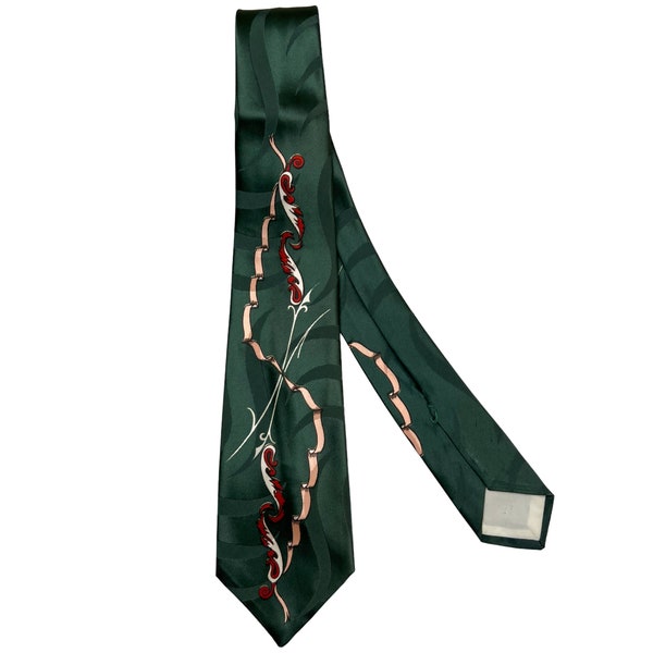 Vintage 1940s Tie Green Satin Abstract Feather & Ribbon Design