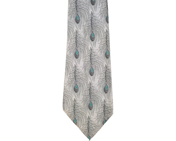 Vintage 1950s Necktie Woven Silk Peacock Feather … - image 1