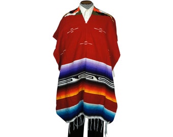 Vintage 1960s Mexican Poncho Saltillo Serape Striped Cotton Blanket