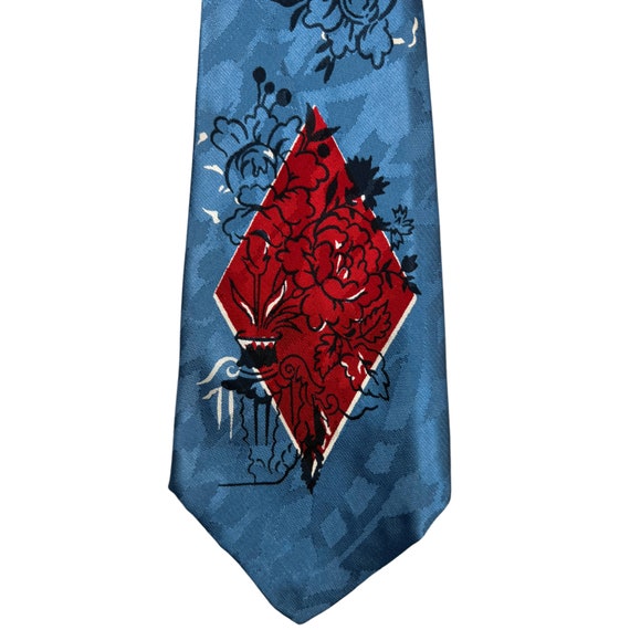Vintage 1940s 50s Mens Blue and Red Satin Tie - image 2