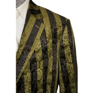 Vintage Brocade Velvet Jacket Green & Black Striped Blazer Sport Coat Size 44 R VFG image 4