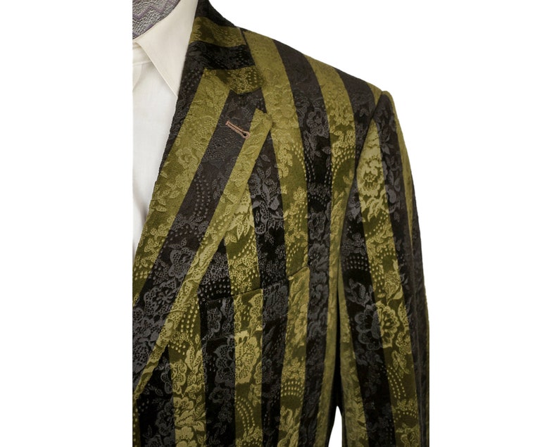 Vintage Brocade Velvet Jacket Green & Black Striped Blazer Sport Coat Size 44 R VFG image 4