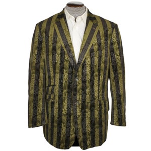 Vintage Brocade Velvet Jacket Green & Black Striped Blazer Sport Coat Size 44 R - VFG