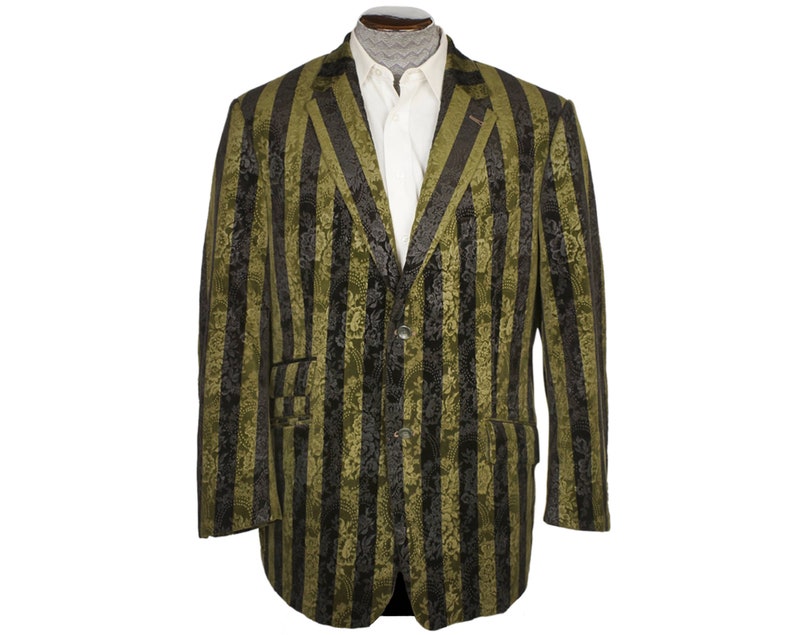 Vintage Brocade Velvet Jacket Green & Black Striped Blazer Sport Coat Size 44 R VFG image 1