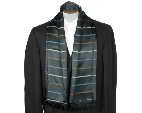 Vintage 60s Mens Silk Scarf Striped Black Shawl Br