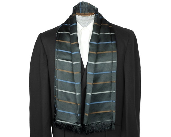 Vintage 60s Mens Silk Scarf Striped Black Shawl B… - image 1