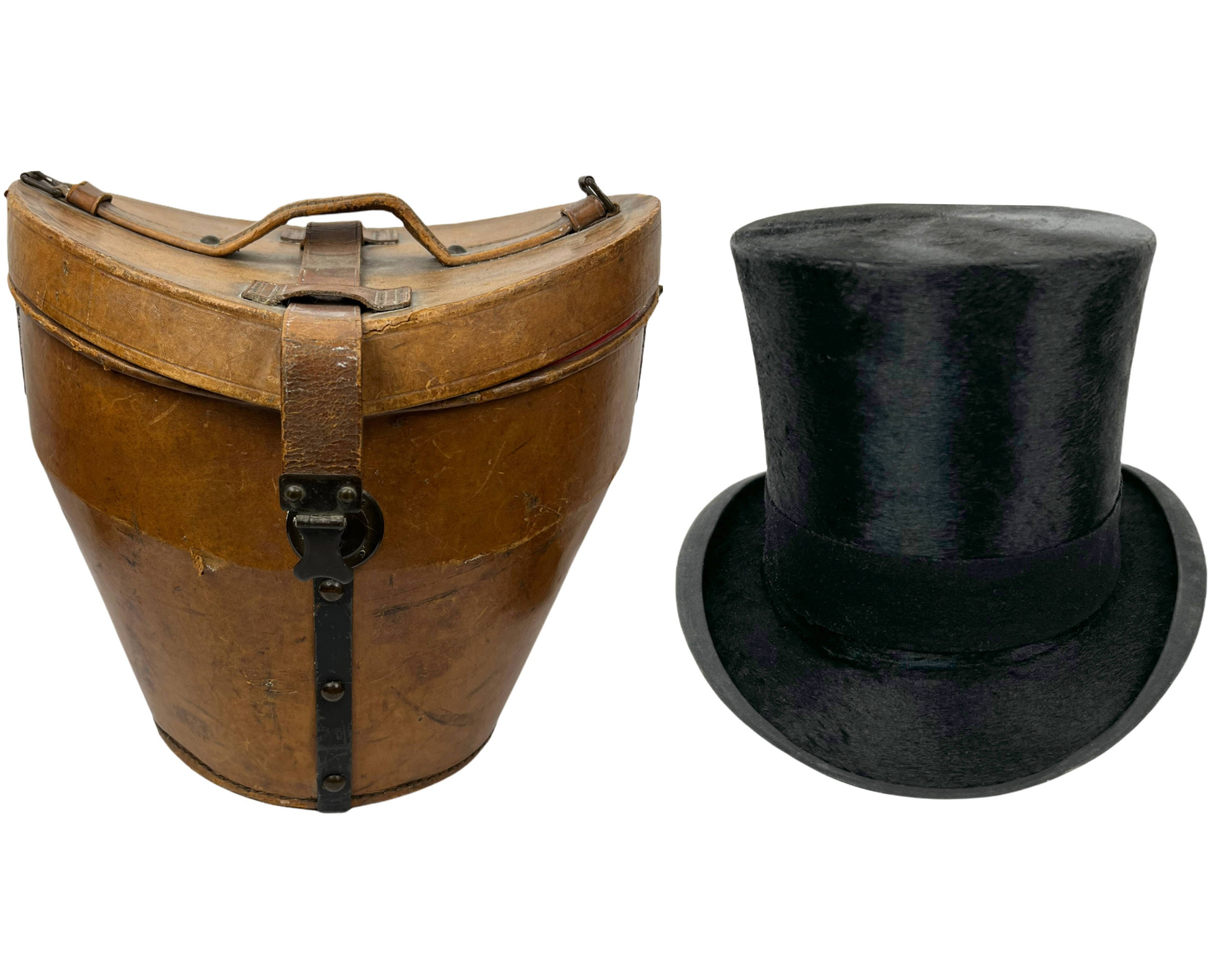 Antique Silk Top Hat W Leather Case 