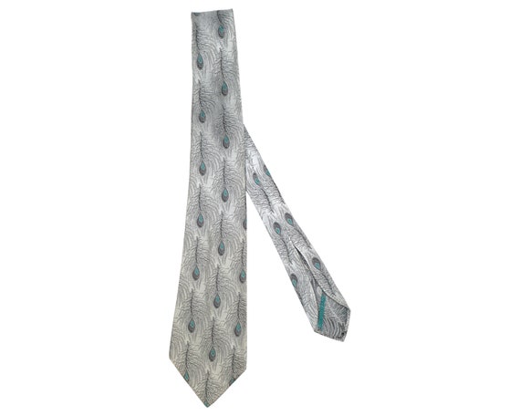 Vintage 1950s Necktie Woven Silk Peacock Feather … - image 2