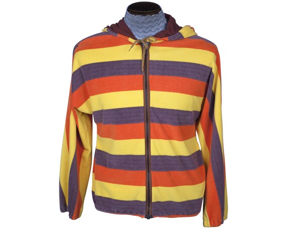 Vintage Hoodie Striped Velour 70s Mens Size M