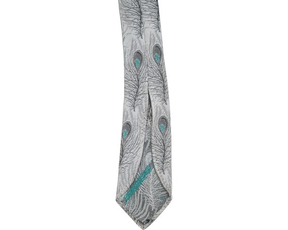 Vintage 1950s Necktie Woven Silk Peacock Feather … - image 5