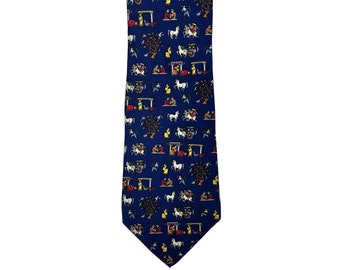 May include: A navy blue silk tie with a repeating pattern of colorful figures and horses on a chariot. The figures are in shades of red, yellow, and orange.
