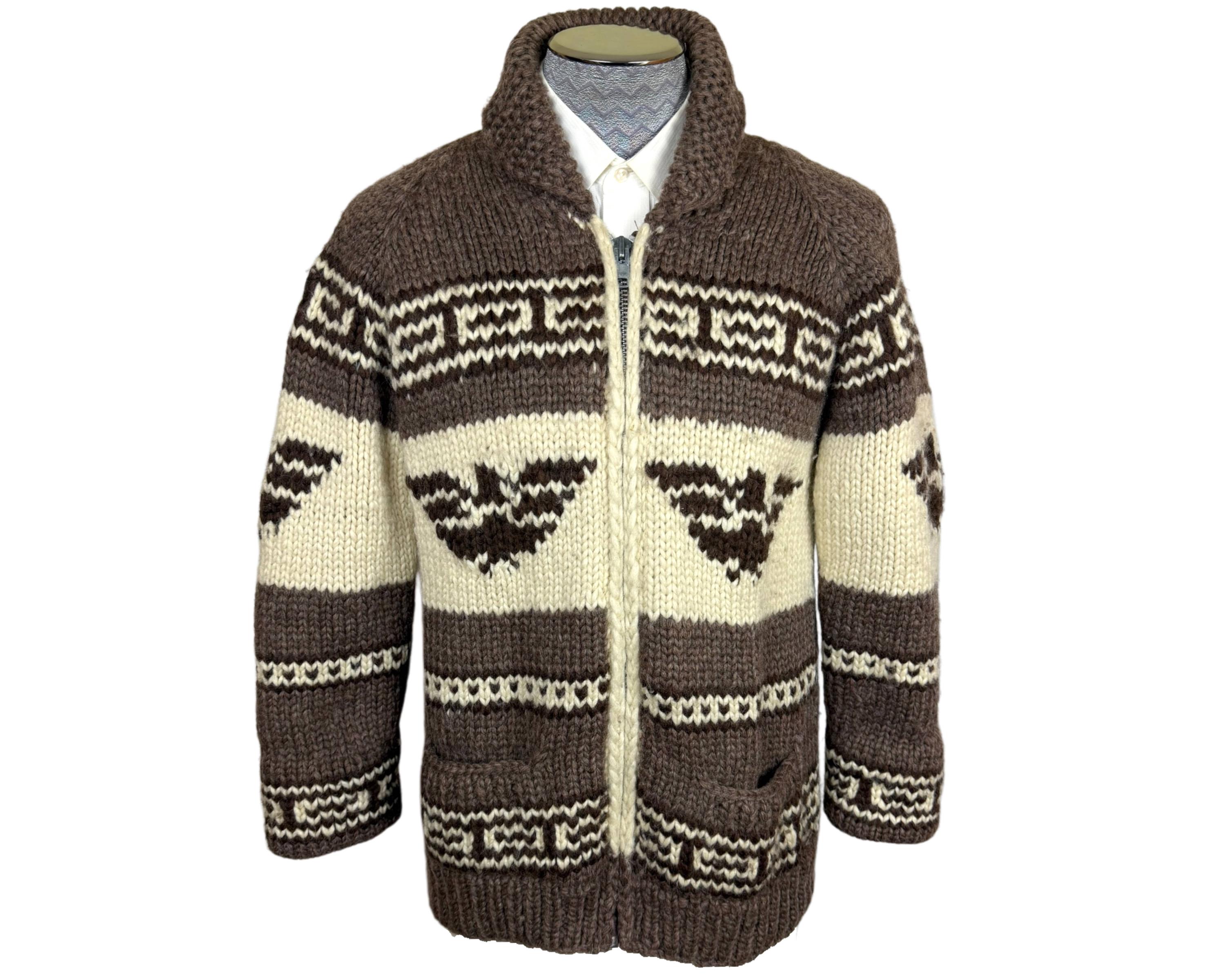 Vintage 1970s Wool Cowichan Sweater Thunderbird Pattern White