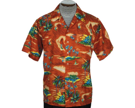 Vintage 70s Hawaiian Shirt Surfer Island Print Po… - image 1