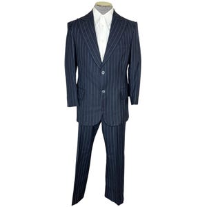 Vintage 1970s Mens Suit Pinstripe Navy Blue Wool Custom Tailored Size M S