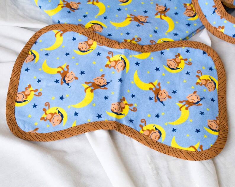 Flannel Baby Blanket 3 pc Set Med Baby Shower Gifts for Her Infant Handmade Boutique Quality Cute A6 Blue Monkeys on the Moon
