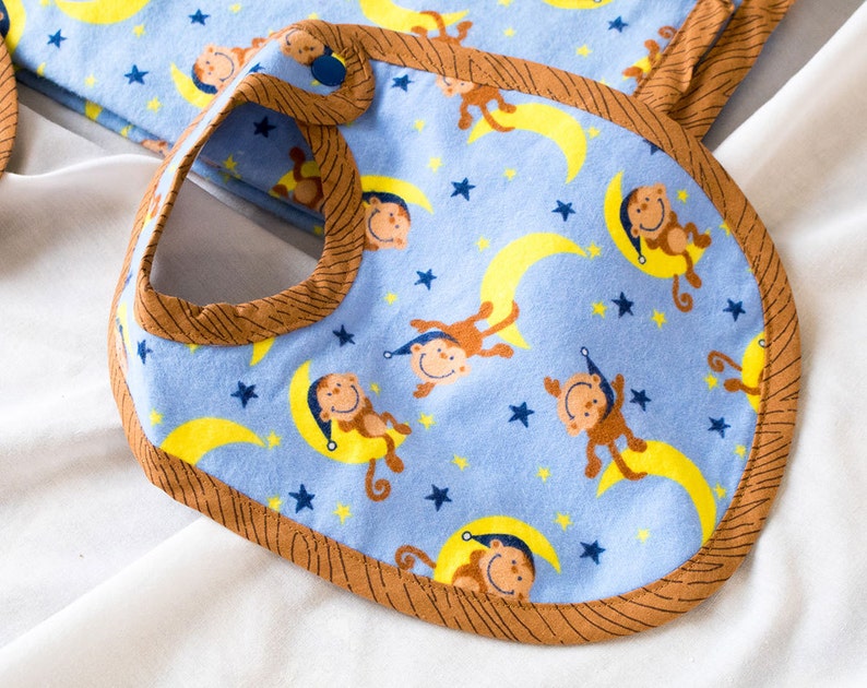 Flannel Baby Blanket 3 pc Set Med Baby Shower Gifts for Her Infant Handmade Boutique Quality Cute A6 Blue Monkeys on the Moon