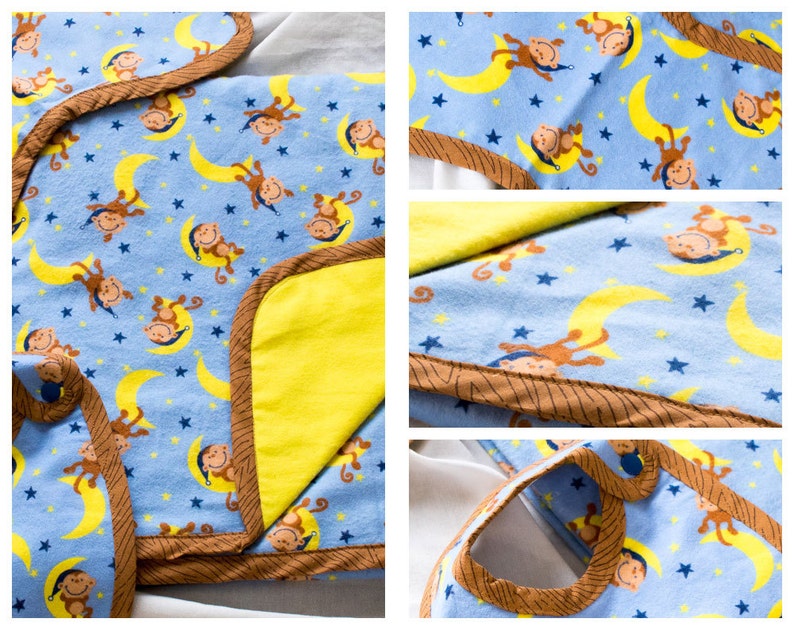 Flannel Baby Blanket 3 pc Set Med Baby Shower Gifts for Her Infant Handmade Boutique Quality Cute A6 Blue Monkeys on the Moon
