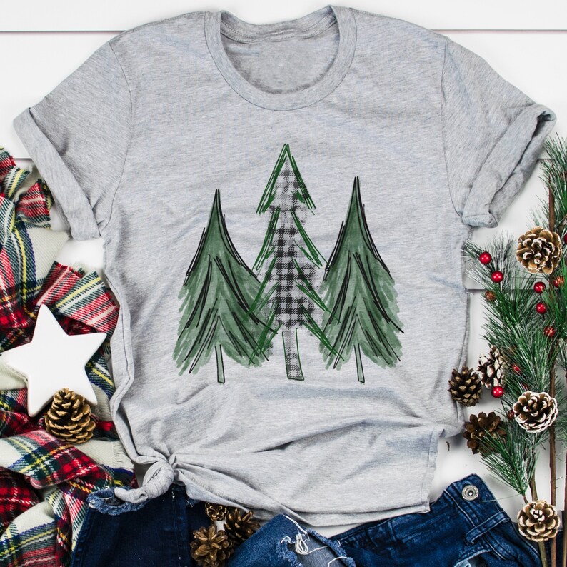 Christmas Trees Shirt Buffalo Plaid Shirt Christmas Graphic Tee Christmas Shirt Farmhouse Christmas Plaid Christmas Rustic Tee image 1