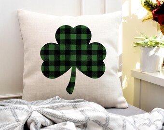 Buffalo Plaid Shamrock Decor | St Patricks Day Decor | Farmhouse Decor | Clover Throw Pillow | Plaid Clover | Irish Decor | Lucky Pillow