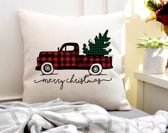 Merry Christmas Throw Pillow | Entry Pillow | Buffalo Plaid Truck Throw Pillow | Christmas Throw Pillow | Farmhouse Holiday | Holiday Decor