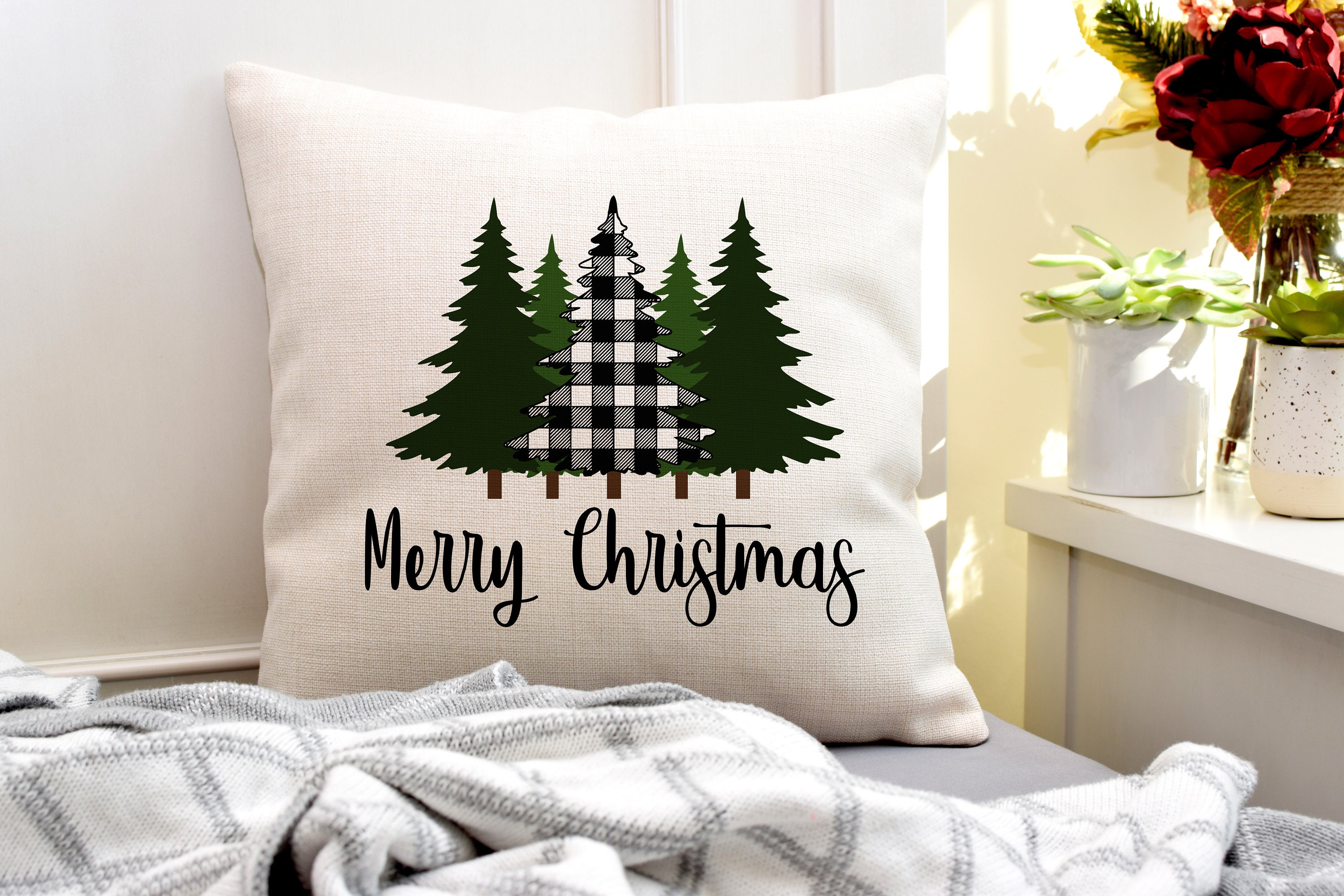 Embroidered Christmas Trees & Plaid Pillow