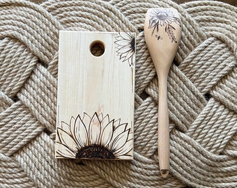 Sunflower Wood Burned Cutting/Charcuterie Board and Spoon Set