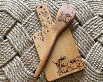 Pumpkins and Gourds Fall Themed Wood Burned Cutting Board and Spoon Set