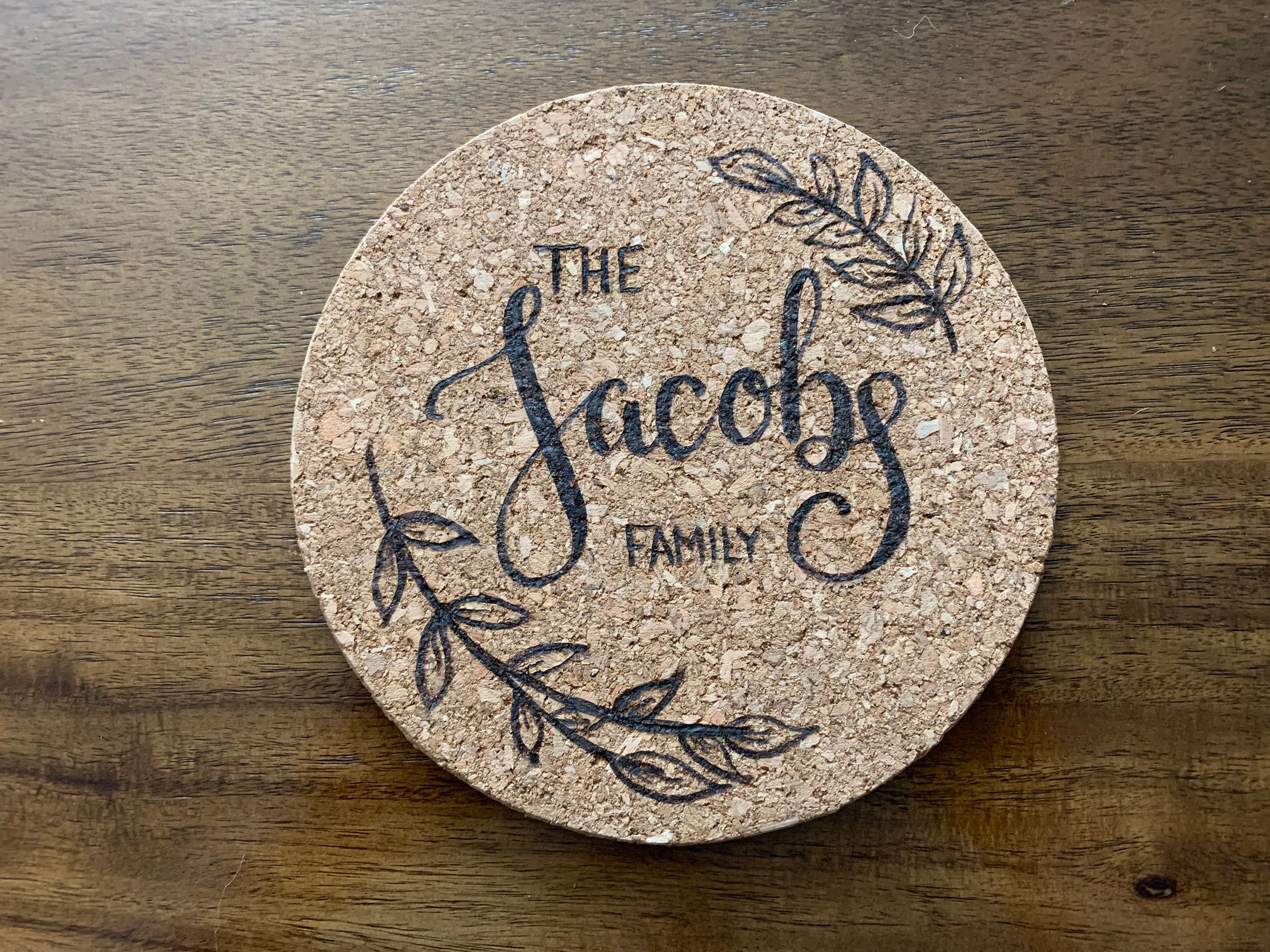 Personalized Family Name Cork Trivets With Hand Burned Designs Etsy