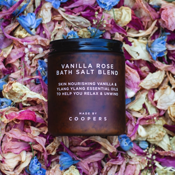 Relaxing Bath Salts | Vanilla Rose Bath Salts, 100% Natural with Vanilla & Ylang Ylang Essential oils plus Rose Petals and Buds 500g