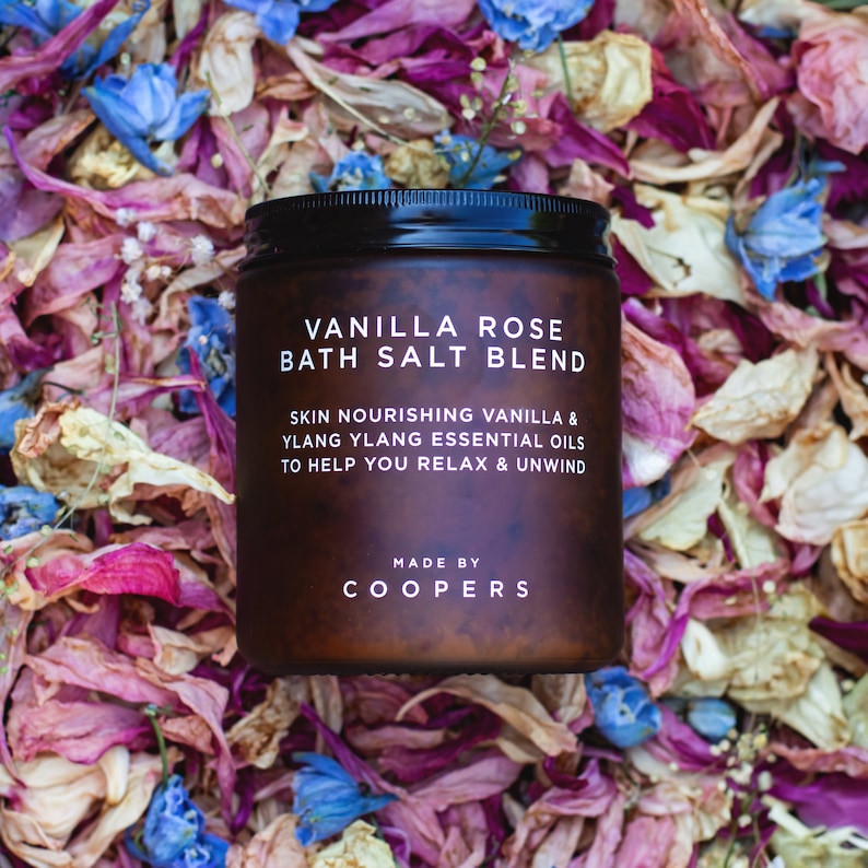 Relaxing Bath Salts Vanilla Rose Bath Salts, 100% Natural with Vanilla & Ylang Ylang Essential oils plus Rose Petals and Buds 500g image 1