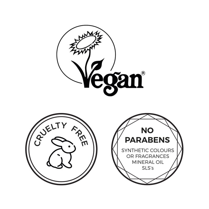 K&ouml;nnte beinhalten: Schwarzwei&szlig;grafik einer Sonnenblume mit dem Wort "Vegan" in einer stilisierten Schrift. Darunter befinden sich zwei weitere Schwarzwei&szlig;grafiken. Eine ist ein Kreis mit den Worten "Cruelty Free" und einem Kaninchen darin. Die andere ist eine Diamantform mit den Worten "No Parabens" und dem Text "Synthetische Farben oder Duftstoffe, Mineral&ouml;l, SLS".