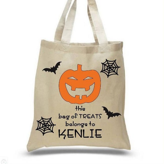 Personalized Trick-or-Treat bag. Great for all the goodies your kids will collect. 3 different designs to choose from: spider, sparkle pumpkin and a witch. This is a cotton canvas tote bag
