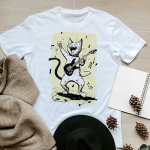 Funny Animal T-shirt | Rockstar Cat Shirt | Meow Guitarist Tshirts | Retro Rock Metal Short Sleeve | Guitar Lover Tee Gift Idea | Rocker Cat