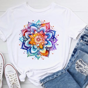 Rainbow Mandala Shirt, Colorful Yoga Tee, Spring Flower Shirt, Mandala Art, Spiritual Gift, Women’s Spring Tee