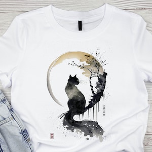 Japanese Style Cat & Moon Shirt | Watercolor Cat Tee | Oriental Art Inspired T-Shirt | Lunar Cat Design | Aesthetic Feline Apparel