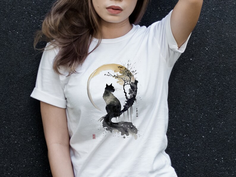 Japanese Style Cat & Moon Shirt Watercolor Cat Tee Oriental Art
