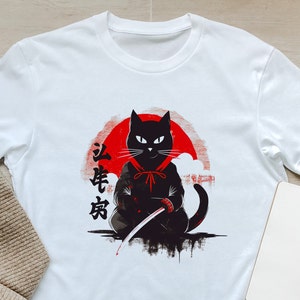 Samurai Cat T-Shirt, Japanese Kawaii Ninja Cat T-Shirt, Samurai Cat Tattoo Style Shirt, Ninja Samurai Kitten, Cat Lover T-Shirt