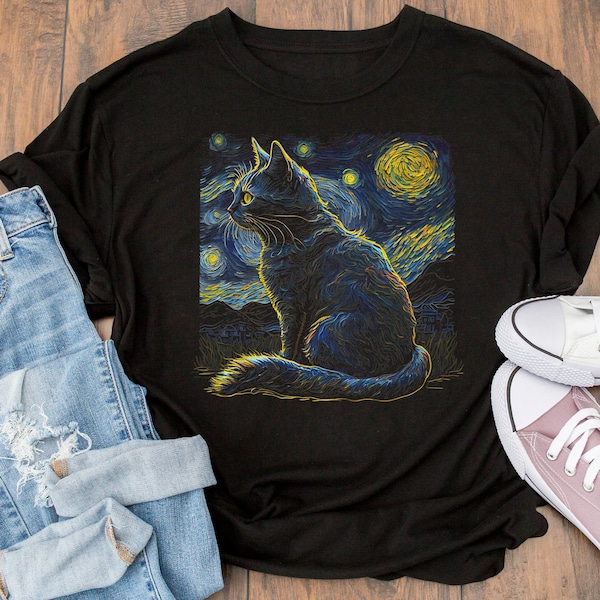 Kat T-shirt, Van Gogh T-shirt, T-shirt voor kunstliefhebbers, Art T-shirt, Grafisch T-shirt, Kat van Gogh T-shirt