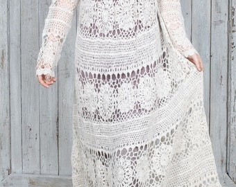 Long white crochet dress,Wedding dress size XXL,Crochet Maxi Dress, Crochet Dress, Knitted Dress, Bohemian Dress, Hippie Dress/ custom