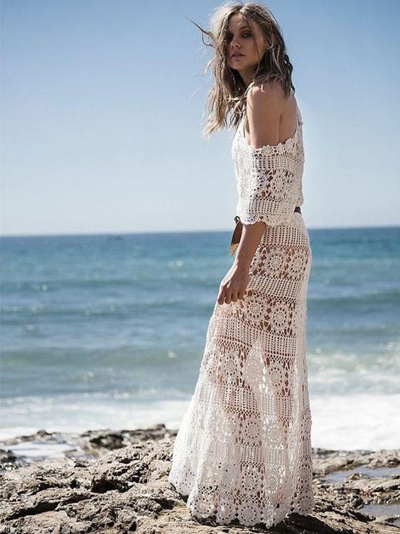 Ladies long sandy white dress crochet / custom | Etsy