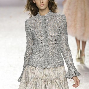 Women&#39;s set of two-piece jacket and skirt in silver crochet ,Women&#39;s elegant suit in silver color/ made to order