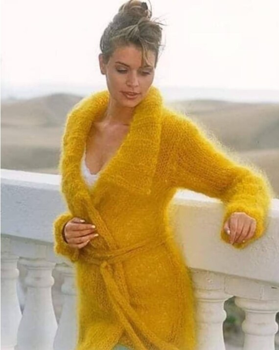 Women's Yellow Mohair Knitted Cardigan Handmade / Made to Order - Etsy