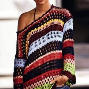 Women&#39;s multicolored tunic crochet, Multicolored long cotton sweater crochet / made to order