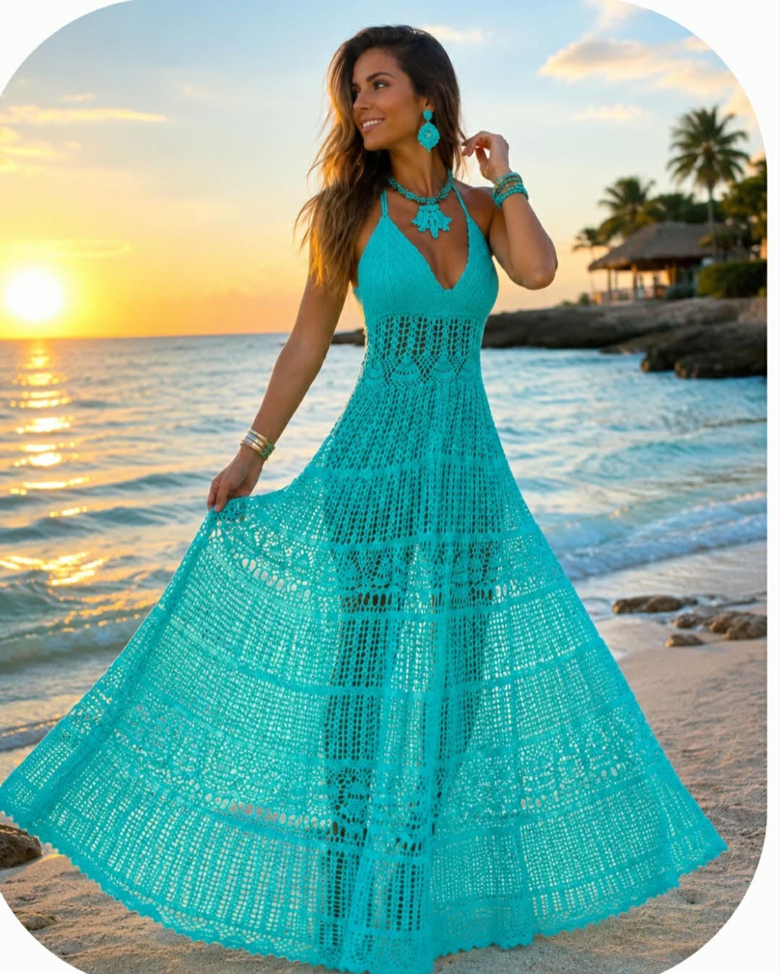turquoise crochet dress Ladies Long Blue ,wedding Dress Crochet ,crochetmaxi Dress, Crochet Dress, Bohemian Dress, Hippie Dress/ Custom Size:US:8-10 Why dress for the dress for formal occasion Phyll dress making it perfect for